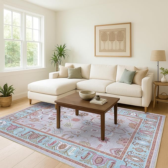 Fame Living Pink Oushak Rug, Modern, Vintage, Turkish, Eclectic, Floral, Pastel, Washable, Oversized, Extra Large Area Rugs for Living Room, Dining, Bedroom, Lounge 9'5"x14'