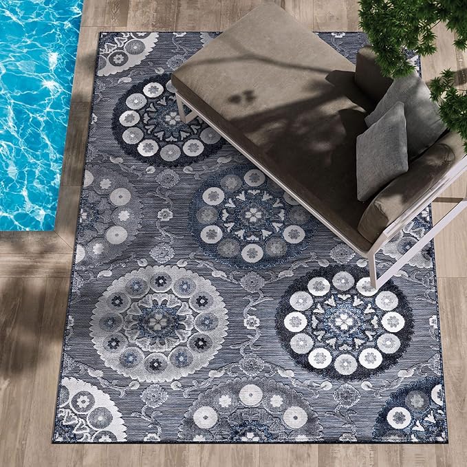 CAMILSON Indoor Outdoor Rug 9x12 Bohemian Medallion Floral Area Rugs for Indoor and Outdoor Patios Easy-Cleaning Non-Shedding Living Room Garden and Kitchen Washable Outside Carpet (9 x 12 / Navy)