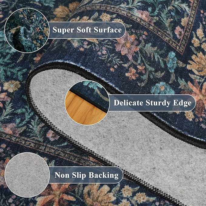 DUKINO 2x6 Runner Rug for Hallway, Washable Vintage Floral Kitchen Rug with Non Slip Backing, Soft Low Pile Throw Carpet Runner for Kitchen, Laundry, Hallway, Bathroom, Dark Blue