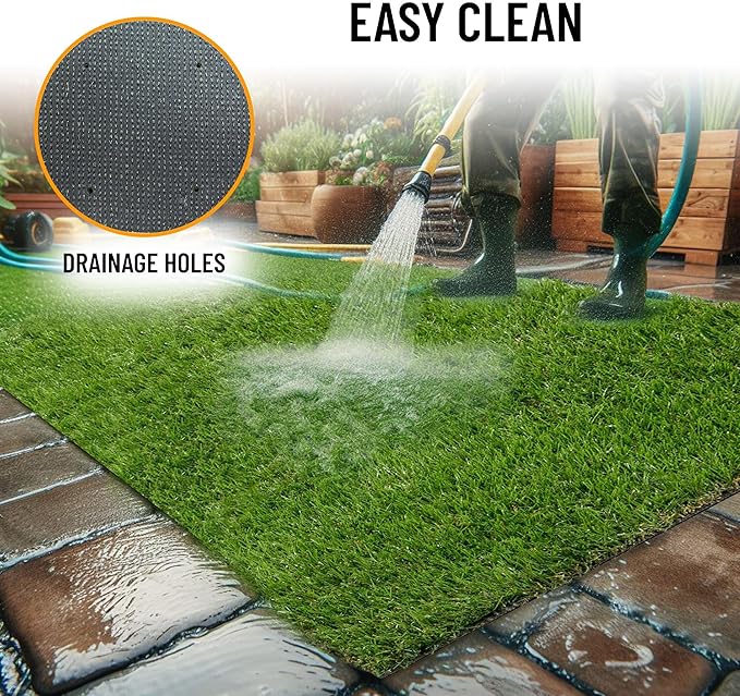 Ottomanson 2'7" x 20' Artificial Faux Grass Rug - Realistic Turf with UV Protection - Perforated for Easy Drainage - Durable, Hose-Off Synthetic Lawn Carpet for Indoor & Outdoor Use, Green
