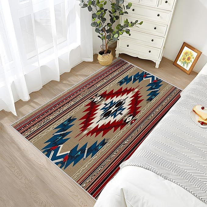6x8 Rug Non Silp - Navajo Rugs for Living Room, Southwestern Tribal Ethnic Rustic Cabin Low Pile Machine Washable Area Rugs for Bedroom, Navajo Carpet House Decor & Gifts
