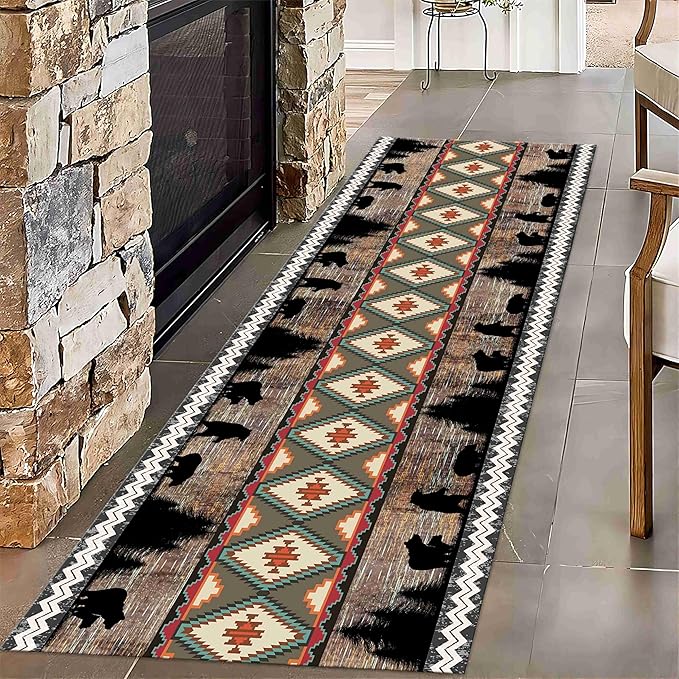 Southwestern Runner Rug, 4x10ft, Rustic Lodge Aztec Country Bear Decorative Runner Rug, Vintage Forest Birch Wild Animal Print Entrance Hallway Rug, Soft Non-Slip Carpet for Living Room Bedroom