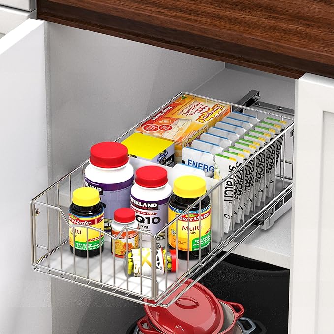 Simple Houseware Pull-Out Cabinet Sliding Basket Organizer, 17.2" D x 9.7" W x 5" H – Chrome Finished, Ideal for Kitchen and Bathroom Cabinet Storage, Under Sink or Pantry Organization