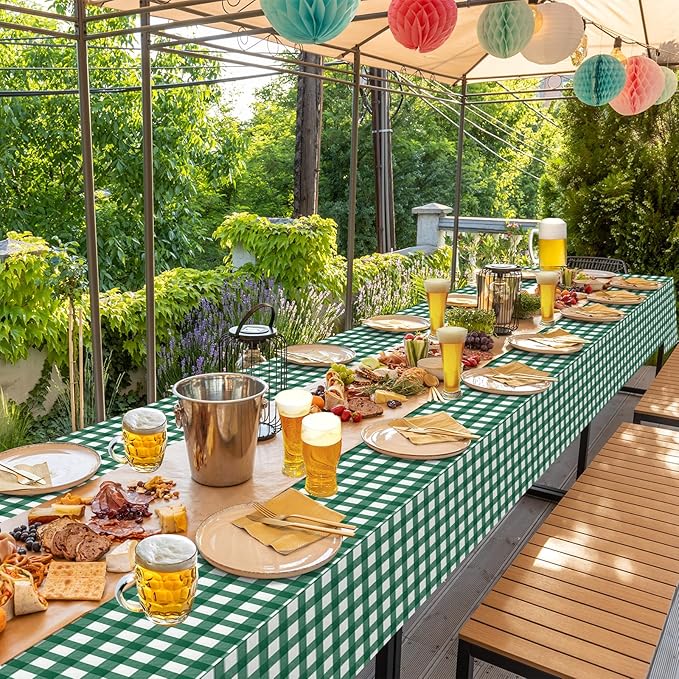 12Pack Dark Green Plastic Checkered Tablecloth, Premium Decorative Disposable Green Gingham Plaid Table Cloths for Parties, Rectangle Party Table Cover for Picnic Farm Birthday Wedding, 54x108 Inch