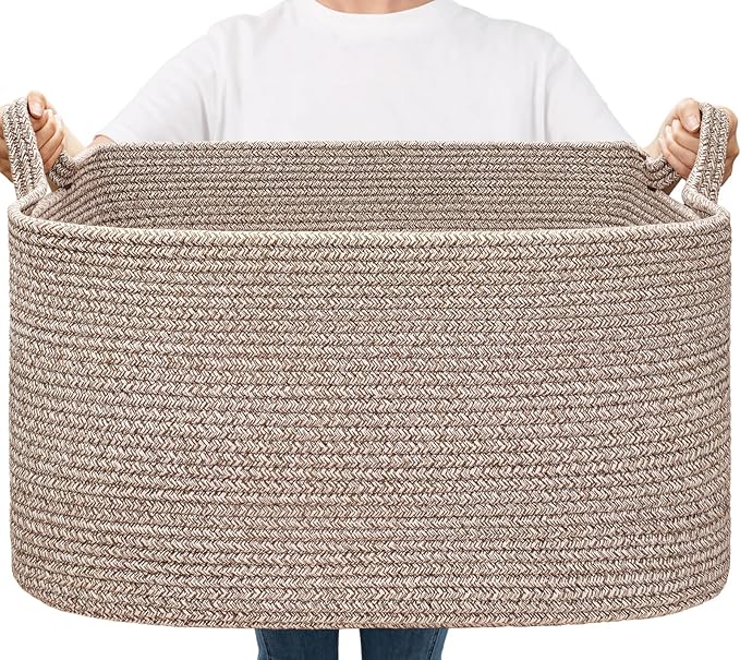 Goodpick Large Woven Storage Basket, 21.6" x 14.9" x 11.8" Blanket Basket for Living Room, Bedroom, Rectangle Rope Storage Organizer for Clothes, Toys, Brown