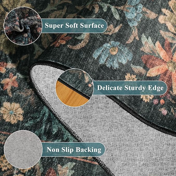 DUKINO 8x10 Area Rugs for Living Room, Vintage Floral Washable Rug with Non Slip Backing, Soft Low Pile & Non-Shedding Large Carpets for Bedroom, Farmhouse, Dining Room, Home Office, Blue