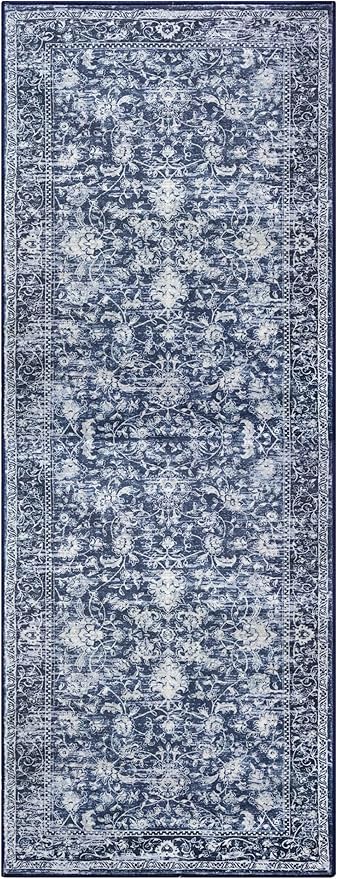KILOCOCO Hallway Runner 2x6 Rug Runner Printed Vintage Floral Washable Kitchen Runners Non-Slip Rubber Backed Runners for Hallways Laundry Room Distressed Boho Rugs for Entryway Bedroom, Blue