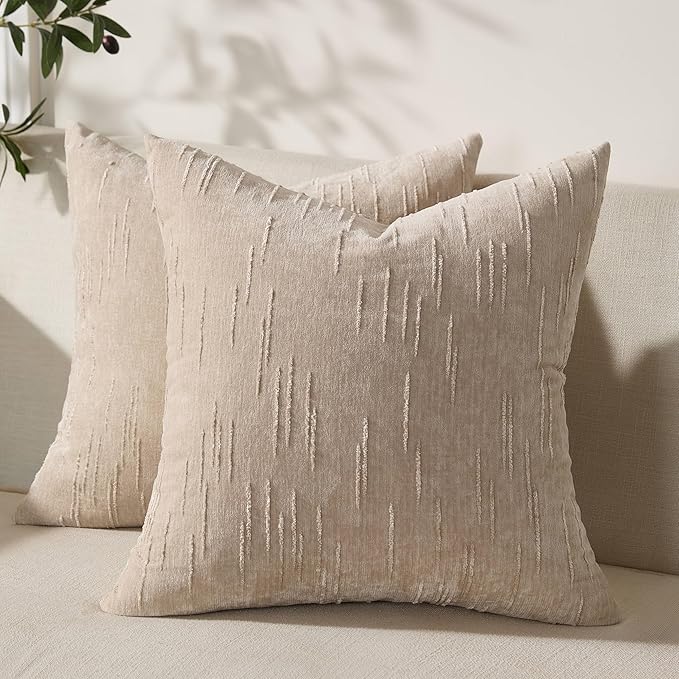 Set of 2 Soft Textured Throw Pillow Covers 18x18,Invisible Zipper Neutral Cushion Cases, Easy - Care Decorative Farmhouse Home Decor for Living Room Couch (Khaki, 18" x 18" (Pack of 2))