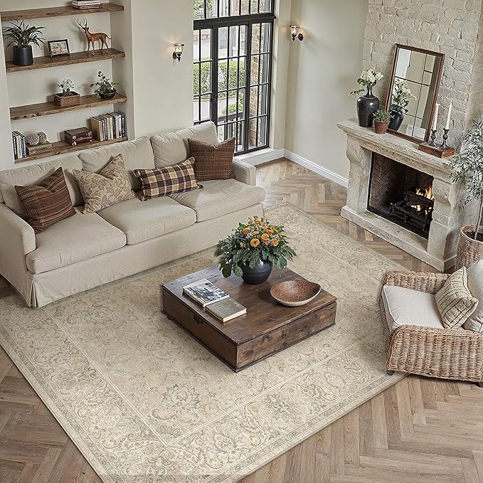 HUGEAR 8x10 Machine Washable Area Rugs Vintage Beige - Neutral Living Room Bedroom Rug Non Slip Stain Resistant Low Pile Aesthetic Throw Carpet Kids & Pet Friendly