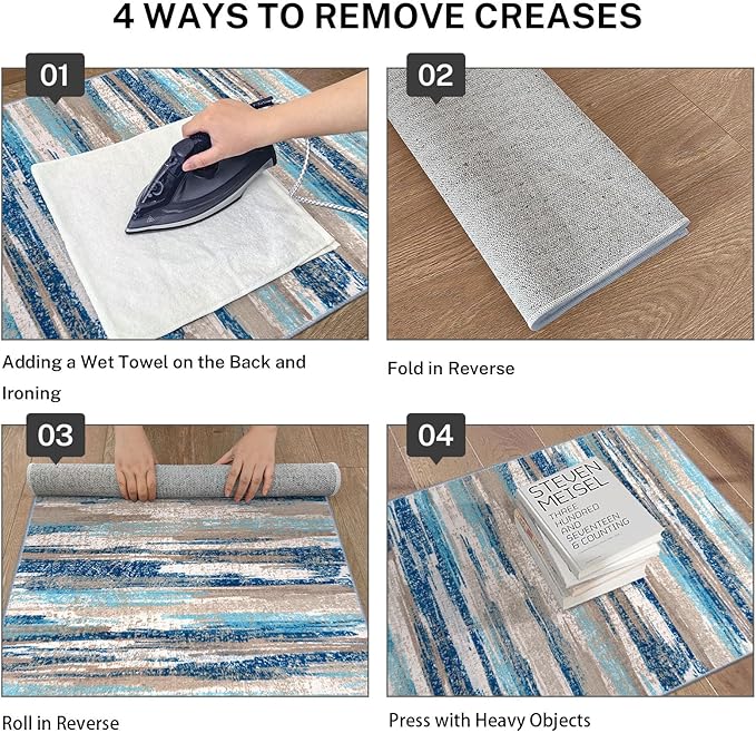 Modern Abstract Kitchen Rug Set of 2, 2x3 and 2x6 Blue Washable Rug Runner Non Slip Kitchen Mat, Soft Faux Wool Throw Carpet for Entryway, Hallway, Bedroom, Bedside, Laundry Room, Office