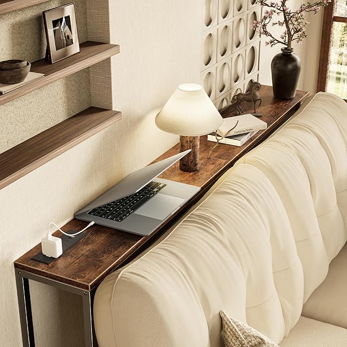 SUPERJARE Console Table with Outlet, 63 Inch Sofa Table with Charging Station, Narrow Entryway Table, Behind Couch Table, for Living Room, Plants - Rustic Brown