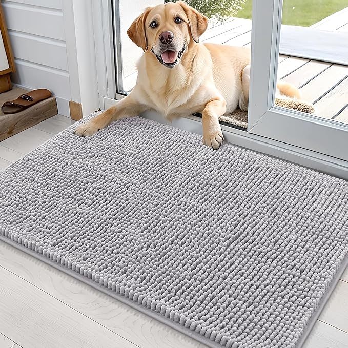 OLANLY Dog Door Mat for Muddy Paws 36x24, Absorbs Moisture and Dirt, Absorbent Non-Slip Washable Doormat, Quick Dry Chenille Mud Mat for Dogs, Entry Indoor Entryway Carpet for Inside Floor, Light Grey