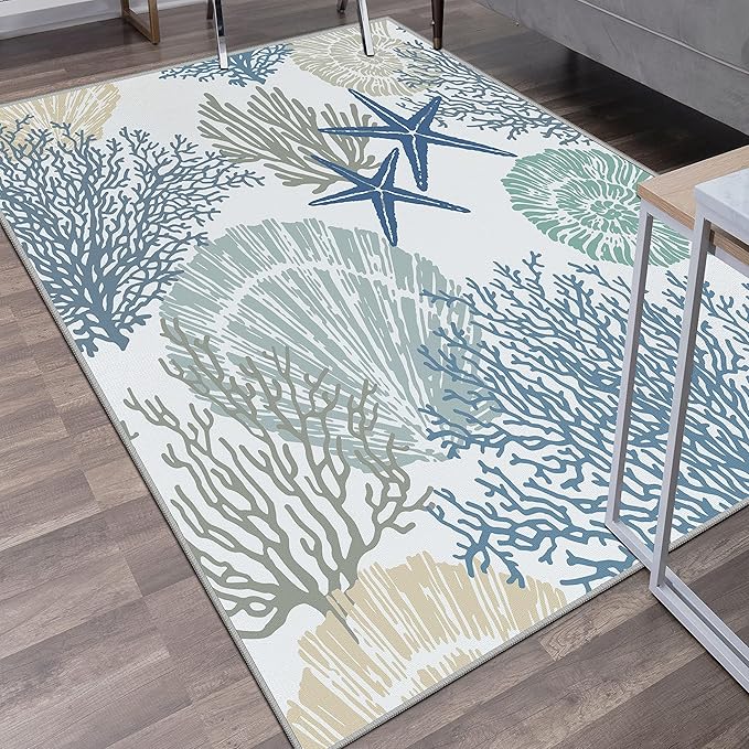 Tritard Coastal Area Rugs Nautical Beach Themed Non-Slip Machine Washable Rugs Modern Floor Carpet for Living Room Bedroom, 8x10, Blue