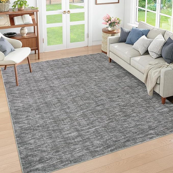RUGSREAL Living Room Area Rug 10x13 Modern Solid Color Large Bedroom Rug with Rubber Backing Stain Resistant Low Pile Dining Room Throw Carpet Contemporary Washable Rug for Home Decor Office, Grey