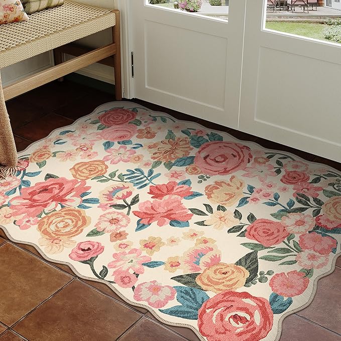 Washable Floral Area Rug 3x5 Beige Office Carpet Scalloped Flower Non Slip Soft Entrance Door Mat Farmhouse Low Pile Thin Indoor Floor Cover for Kitchen Bathroom Bedroom Laundry Living Room