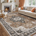 DEXI 8x10 Area Rug for Living Room, Washable Vintage Farmhouse Thin Rug Indoor Floor, Non Slip Stain Resistant Low Pile Carpet for Dining Room Bedroom Office, Brown