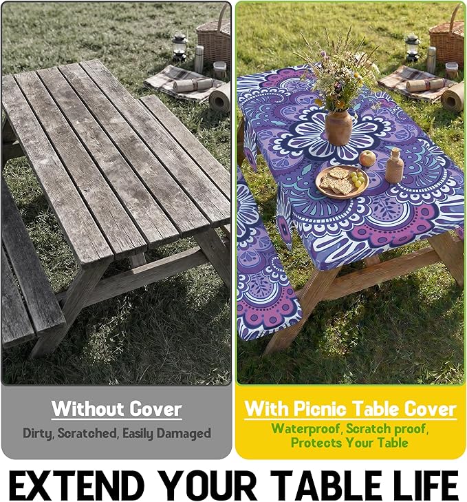 Picnic Table Cover with Bench Covers Elastic Table Cloth Cool Fun Unique Ideas Christmas Xmas Mother Valentine's Day Birthday Party Camping Gifts for Camper RV Owner Camping Lovers Women Mom Adult