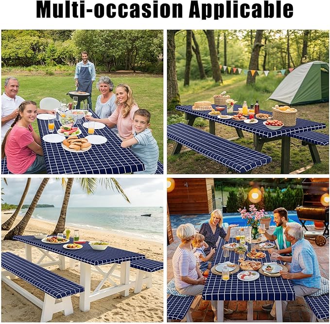 Smiry Picnic Table Cover with Bench Covers, Waterproof Elastic Fitted Tablecloth for 8 Foot Tables, Washable Polyester Tablecloths for Camping, Indoor & Outdoor (Navy & White, 30x96 Inch 3-pc Set)