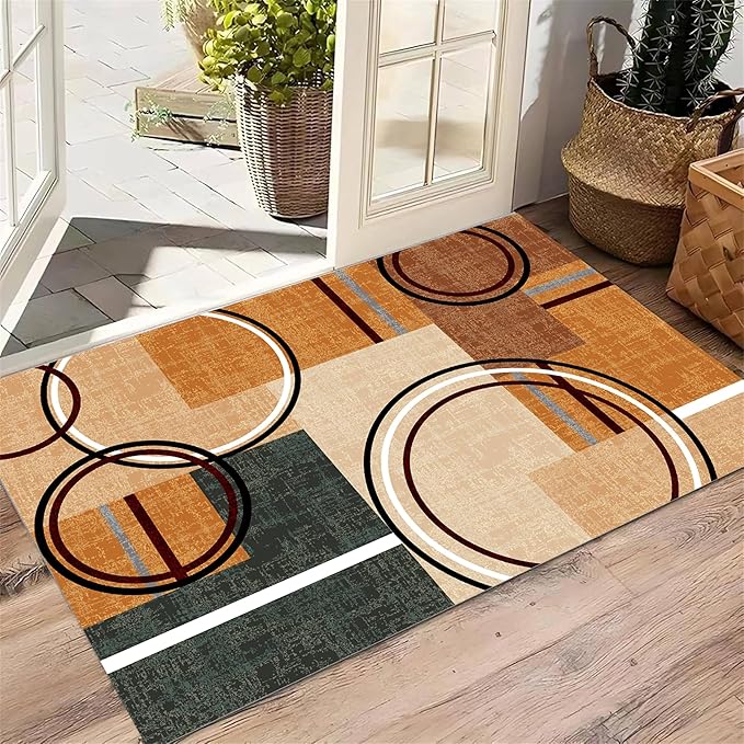 Modern Wavy Circles Area Rug 5x7ft, Geometric Design Low Pile Carpet, Soft & Non-Slip Washable Mat for Living Room, Bedroom, Dining Room