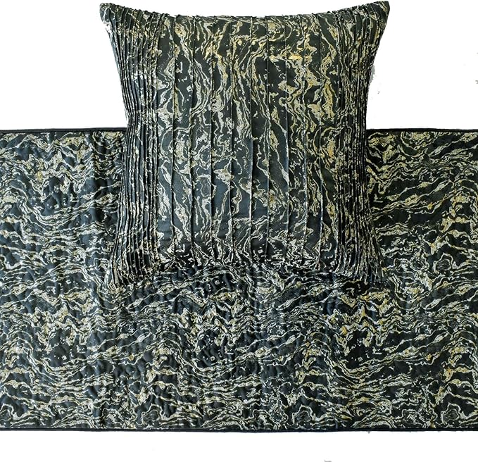 The HomeCentric King/Queen/Twin Black Decorative Bed Runner Full 68"x18" Bed Runner with Two Pillow Cover, Marble Pattern, Pintucks, Quilted Bed Scarf on Jacquard Fabric - Stellaris