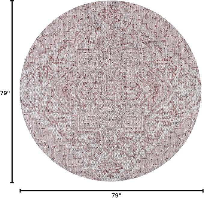 JONATHAN Y Boho Medallion Indoor Outdoor Round Area Rug 6 Ft Red/Taupe, Estrella Textured Weave for Backyard, Patio, Porch, Easy-Cleaning, High Traffic, Pet-Friendly, Non-Shedding (SMB105A-6R)