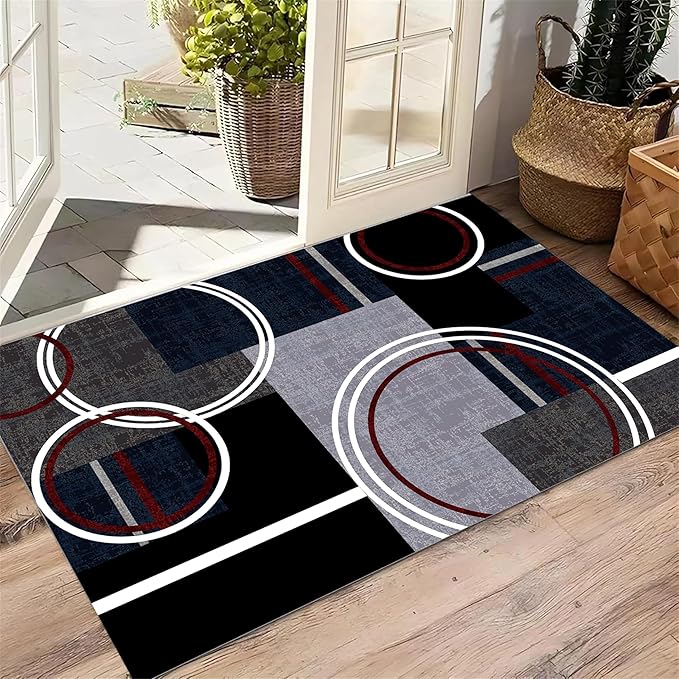 Area Rug 6x8 Modern Abstract Circle Rugs, Multicolor Low Pile Carpet, Machine Washable & Non-Slip Non-Shedding Stain Resistant for Bedroom, Living Room