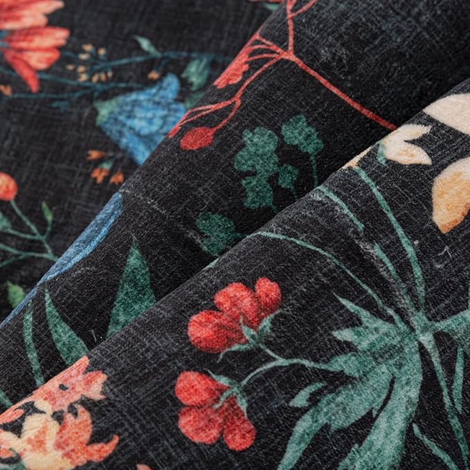 Floral Runner Rug 3x12 Washable Hallway Long Black Bedroom Carpet Non Slip Indoor Boho Kitchen Low Pile Accent Rug Lightweight Soft for Bathroom Dining Laundry Living Room