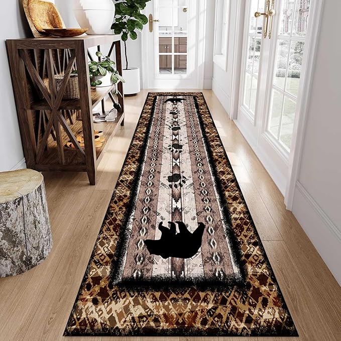 Unique Wildlife Runner Rug, 2x6ft, Bear Border Design Area Rug, Rustic Log Cabin Runner for Entryway, Rubber Backing Durable Floor Rug, Vintage Western Decoration, Fade-Resistant Print Carpet