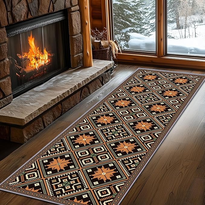 Brown Black Geometric Diamond Pattern Hallway Runner Rug - 2.6x7ft Soft Washable Rug, Corridor & Foyer High-Traffic Area Rugs, Durable Non-Slip Mat, Ethnic Southwestern Style Home Decor