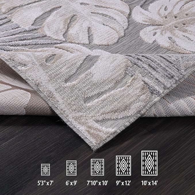 CAMILSON Indoor Outdoor Rug, Beige 10’x14’ Leaf Tropical Botanical Area Rugs for Indoor and Outdoor patios, Easy-Cleaning Non-Shedding Living Room, Garden and Kitchen Washable Outside Carpet (10x14)