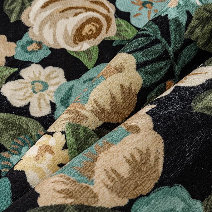 Washable Floral Area Rug 6x9 Black Living Room Large Carpet Bedroom Scalloped Flower Non Slip Soft Throw Rug Farmhouse Low Pile Thin Indoor Floor Cover for Dining Room Office