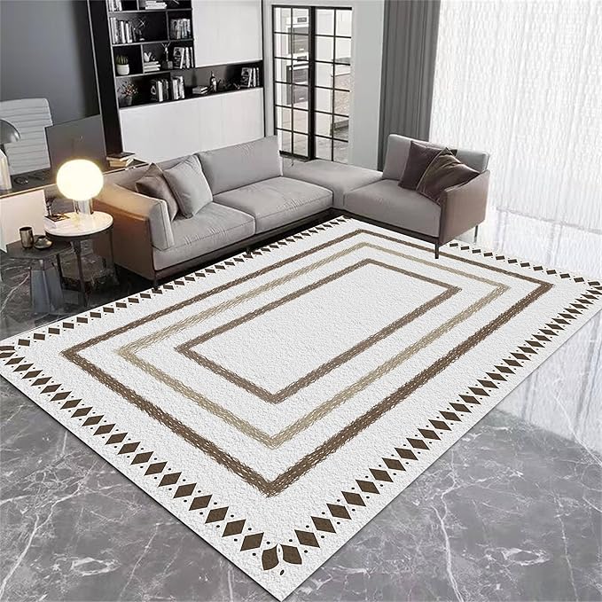 Moroccan Farmhouse Area Rugs 7x10ft, Neutral Geometric Pattern in Off-White Rug, Low Pile Machine Washable & Non-Slip Soft Carpet for Living Room, Bedroom & Dining Room