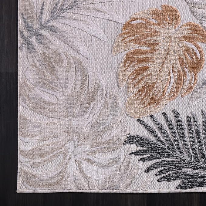 CAMILSON Indoor Outdoor Rug, Yellow 9’x12’ Leaf Tropical Botanical Area Rugs for Indoor and Outdoor patios, Easy-Cleaning Non-Shedding Living Room, Garden and Kitchen Washable Outside Carpet (9x12)