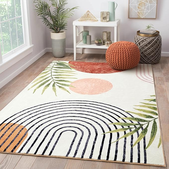 RoomTalks Mid Century Modern Washable Rug, Boho Cute Aesthetic 9x12 Area Rugs Large Carpet for Bedroom Dining Living Room Entryway Office, Contemporary Abstract Leaves Thin Pile Accent Indoor Rug