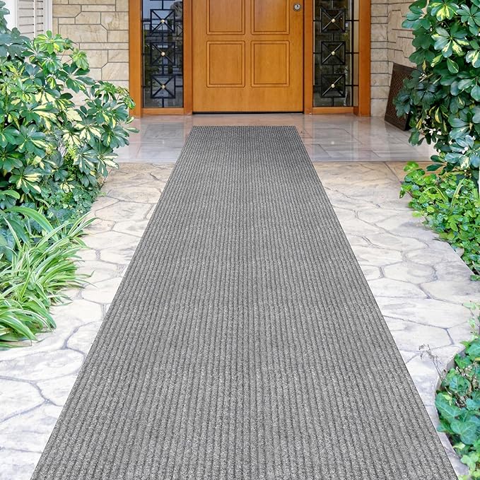 Ottomanson 2' x 16' Hallway Runner with Scraper Pile Extra Durable Non-Slip Rug Mat for Indoor & Outdoor Use - Ideal for Kitchen, Entryway, Patio & Garage - High-Traffic Carpet, Gray