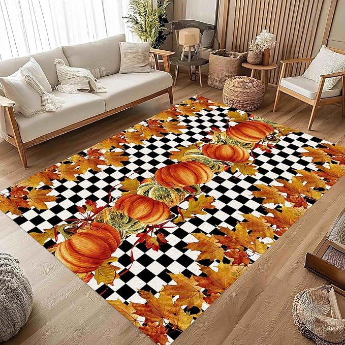 Pumpkin Area Rugs, 5x6ft, Fallen Leaves Autumn Harvest Pumpkins Black and White Checkered Rug, Ultra-Thin Rubber Non Slip Geometric Carpet for Living Room Playroom