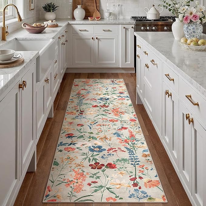 Floral Runner Rug 3x8 Washable Hallway Long Beige Bedroom Carpet Non Slip Indoor Boho Kitchen Low Pile Accent Rug Lightweight Soft for Bathroom Dining Laundry Living Room