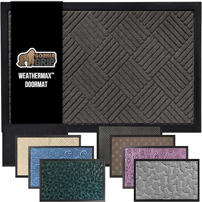 GORILLA GRIP 100% Waterproof All-Season WeatherMax Doormat, 72x24, US Designed Natural Rubber, Stain and Fade Resistant, Low Profile Indoor Outdoor Door Mats, Easy Clean Patio Mat, Gray Diamond