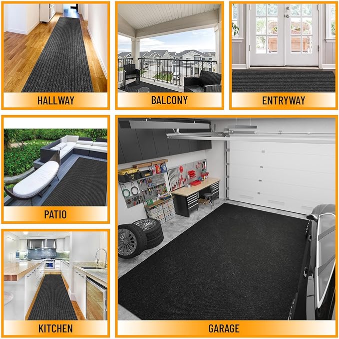Ottomanson 2'7" x 55' Hallway Runner with Scraper Pile - Extra Durable Non-Slip Rug Mat for Indoor & Outdoor Use - Ideal for Kitchen, Entryway & Garage - High-Traffic Carpet, Black
