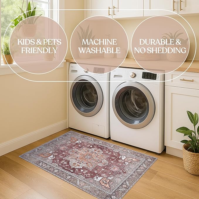 Washable Area Rug. Modern Farmhouse. Vintage. Turkish. Bohemian. Distressed. Oriental. Traditional. Rugs for Living Room. Dining. Bedroom. Office. Entryway. Foyer. (857RB, 2'5" x 6'5")