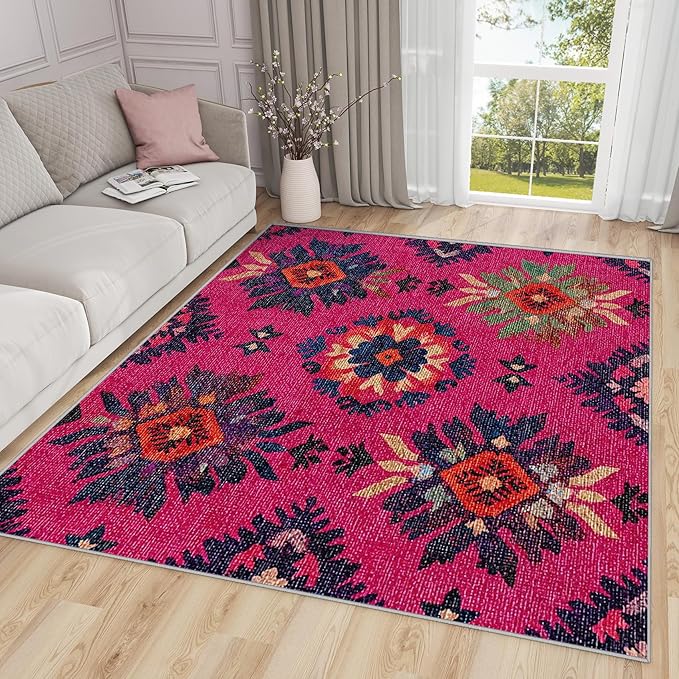 5x7 Rug Washable - Southwestern Rugs for Living Room, Ethnic Vintage Floral Medallion Non Slip Low Pile Area Rugs for Bedroom, Southwestern Carpet Home Decor & Gifts