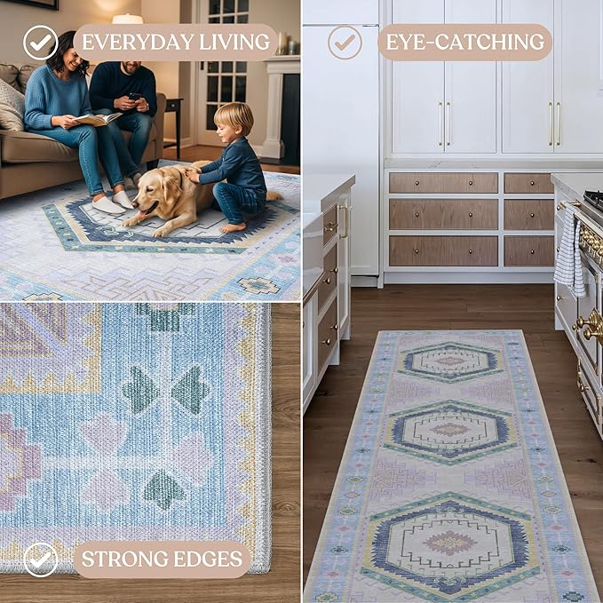 Fame Living Washable Area Rug. Modern Farmhouse. Vintage. Turkish. Bohemian. Distressed. Oriental. Traditional. Rugs for Living Room. Dining. Bedroom. Office. Entryway. Foyer. (856PBl, 5' x 6'9")