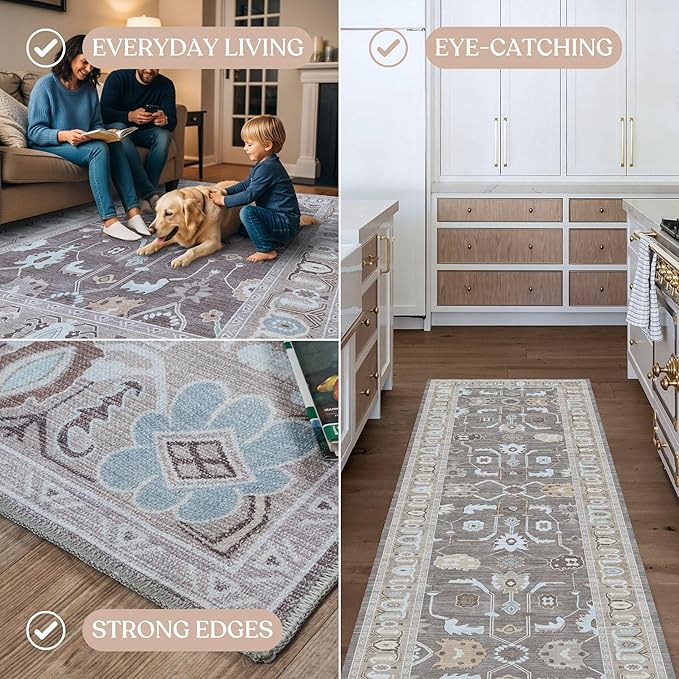 Brown Oushak Rug, Modern, Vintage, Turkish, Eclectic, Floral, Pastel, Washable, Large Area Rugs for Living Room, Dining, Bedroom, Girls, Boys, 7'5"x9'8"