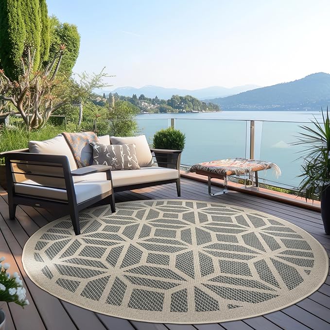 Rugshop Blue Contemporary Geometric Indoor/Outdoor Area Rug — Hose Washable for Living Room, Dining Room and Playroom, 8' Round