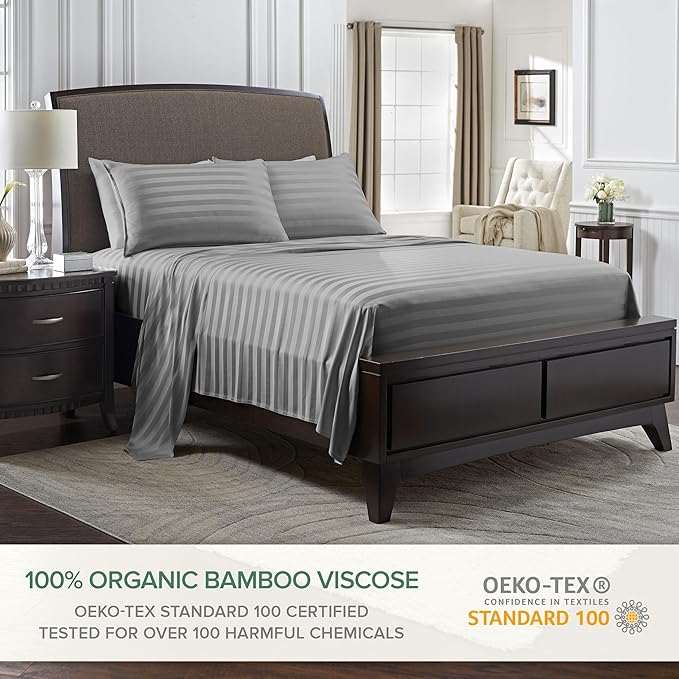 Pure Bamboo Full Sheets, Genuine 100% Organic Viscose Derived from Bamboo Bed Sheet Set, Luxuriously Soft & Cooling, Double Stitching, 2 Year Quality Promise (Full, Jacquard Stone)