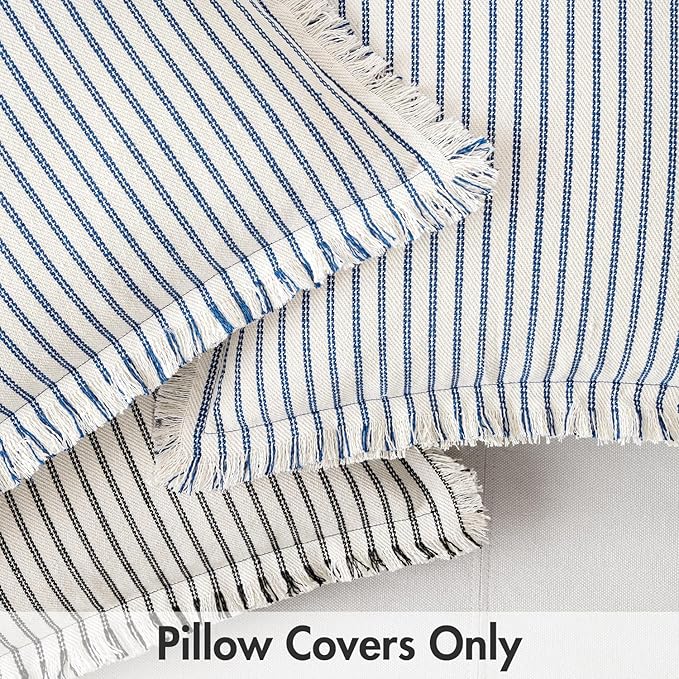 MIULEE Pack of 2 Royal Blue Pillow Covers 22x22 Inch Striped Farmhouse Couch Throw Pillow Covers with Fringe Chic Linen Decorative Cushion Covers for Sofa Living Room Bed Outdoor Home Decor