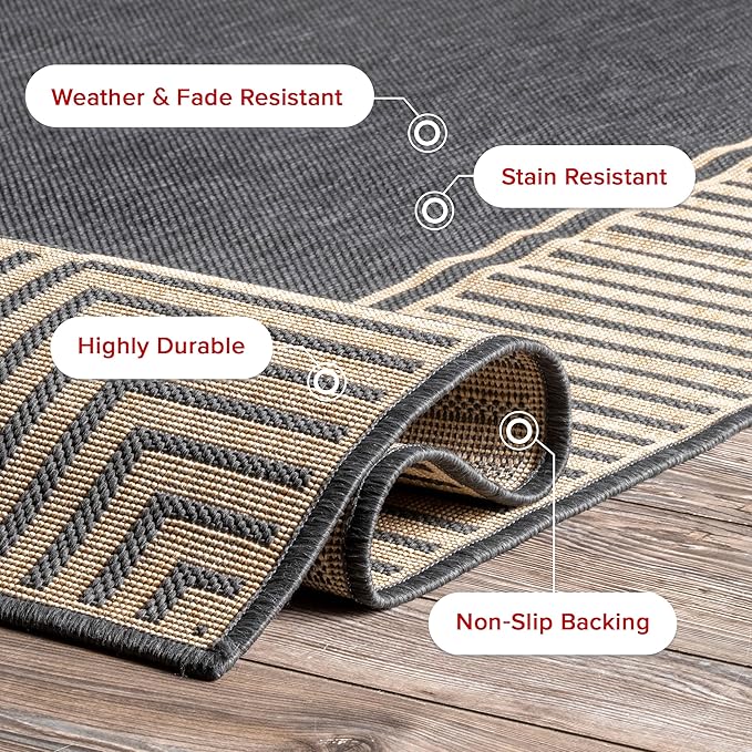 Nuloom Asha Dark Grey/Ivory, 6'7" Round, Casual, Striped Border, Soft and Cozy, High Traffic, Stain Resistant, Easy Clean, Durable Area Rug for Indoor/Outdoor Patio, Deck, Porch, Garden, Courtyard