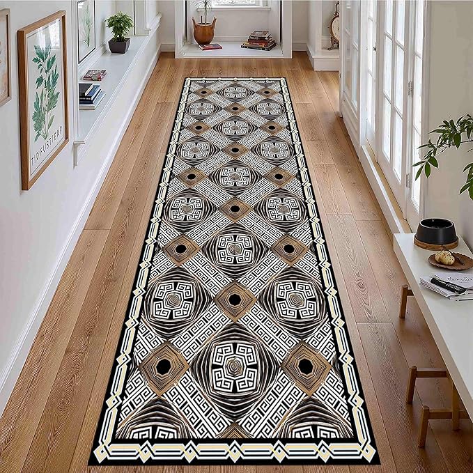 Classic Geometric Runner Rug, 1.3x7ft, Greek Key Print Runners Rugs, Vintage Moroccan Checkered Carpet, Cozy Short Pile No Crease Farmhouse Rugs for Living Room Laundry
