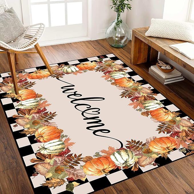 Checkered Area Rugs, 4x6ft, Black and White Check with Fall Leaves Pumpkin Autumn Harvest Carpet, Entrance Rubber Non Slip Breathable Fall Rug for Dining Room Laundry