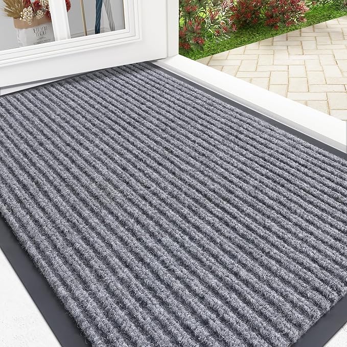 OLANLY Front Door Mat Indoor Outdoor Entrance, Waterproof Heavy Duty Doormat, Fade Resistant, Low Profile, Easy Clean Patio Porch Welcome Floor Mats for Entry, 33x21, Light Gray